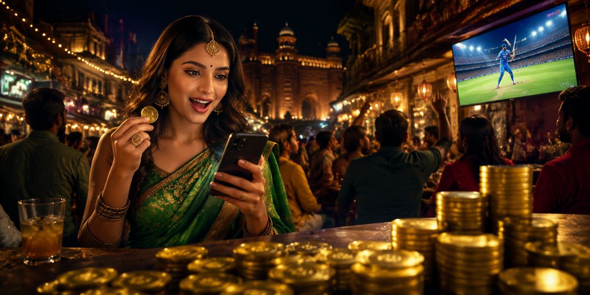 Indian cricket betting scene with player in saree using mobile