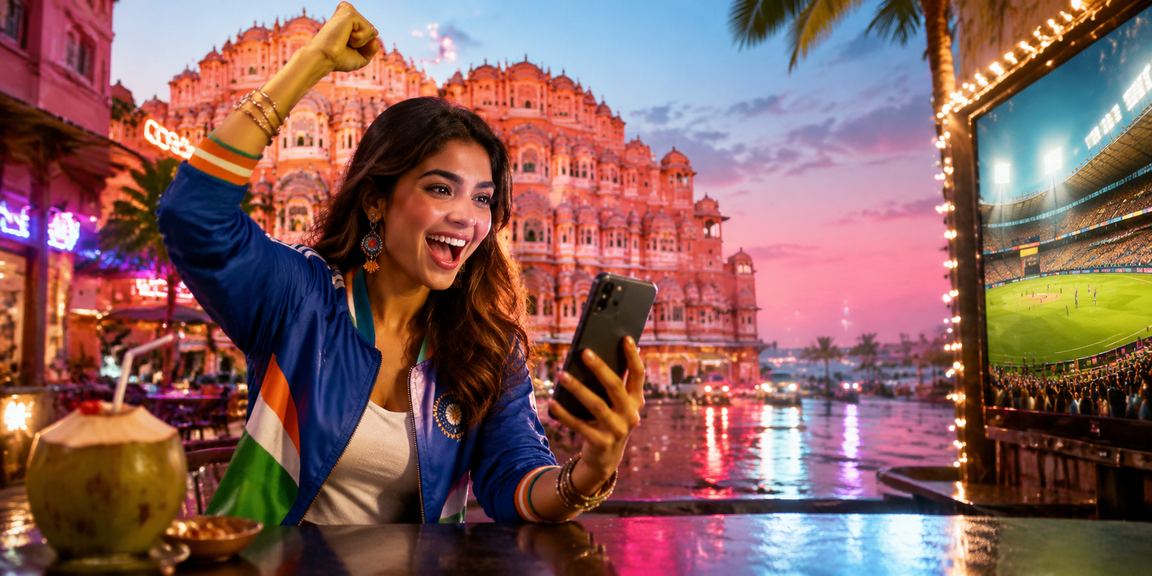 Illuminated Jaipur marketplace with cricket betting and casino players